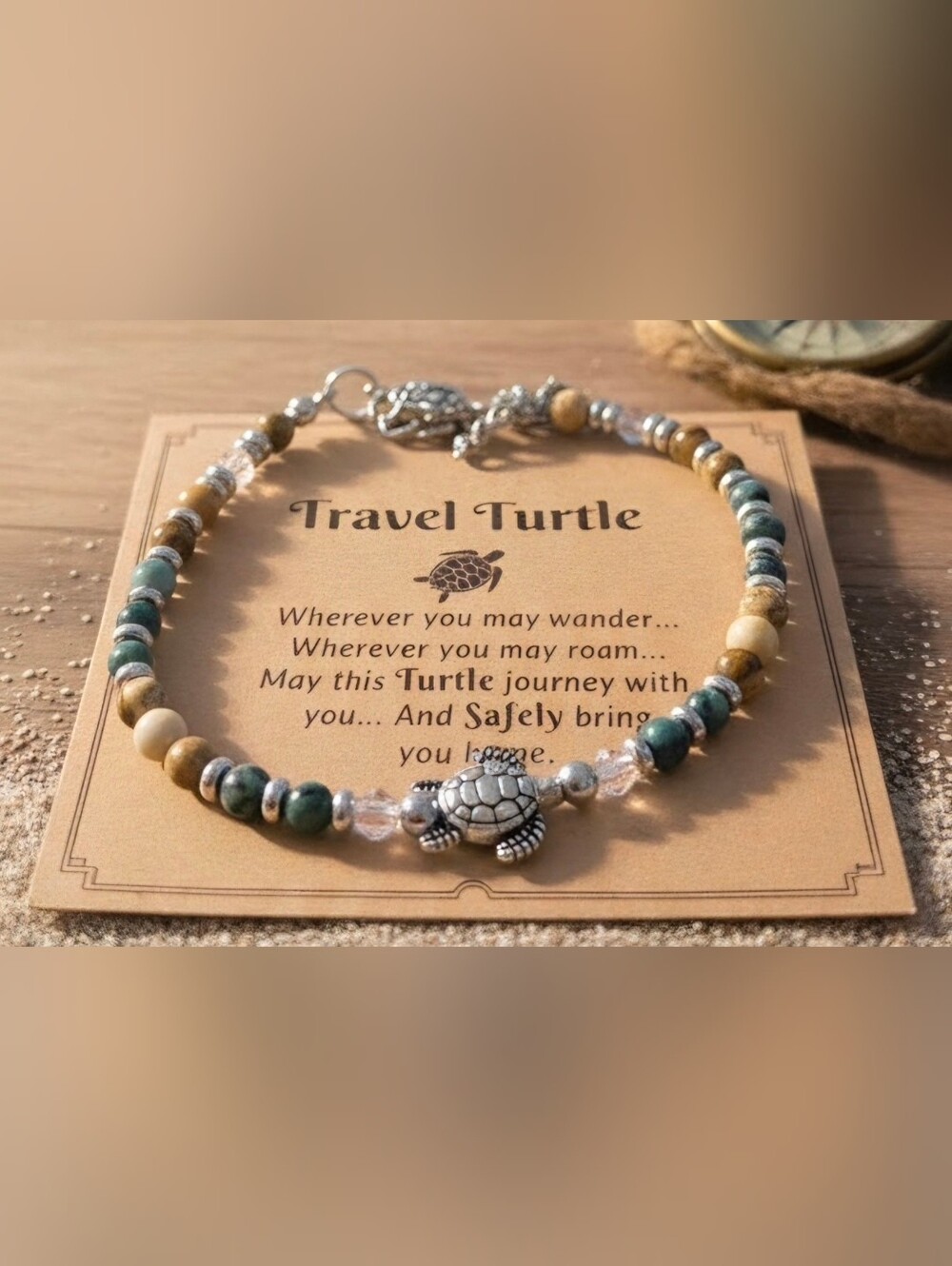 Travel Turtle Beaded Bracelet - Green & Silver